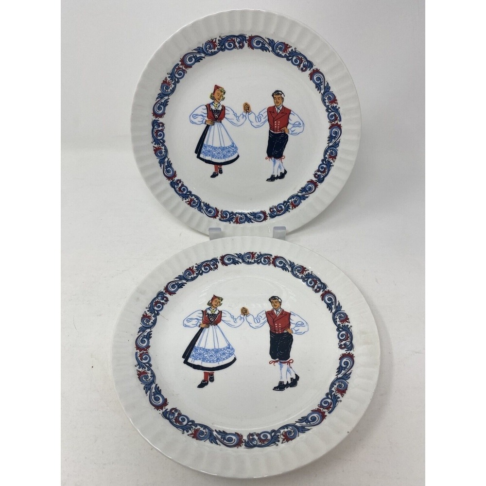 FIGGJO NORWAY HARDANGER DANCERS SALAD PLATE set of 2 8" Norwegian China